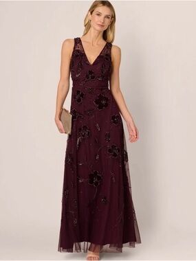 ADRianna pappel V-Neck Embellished Evening Gown in Deep Plum